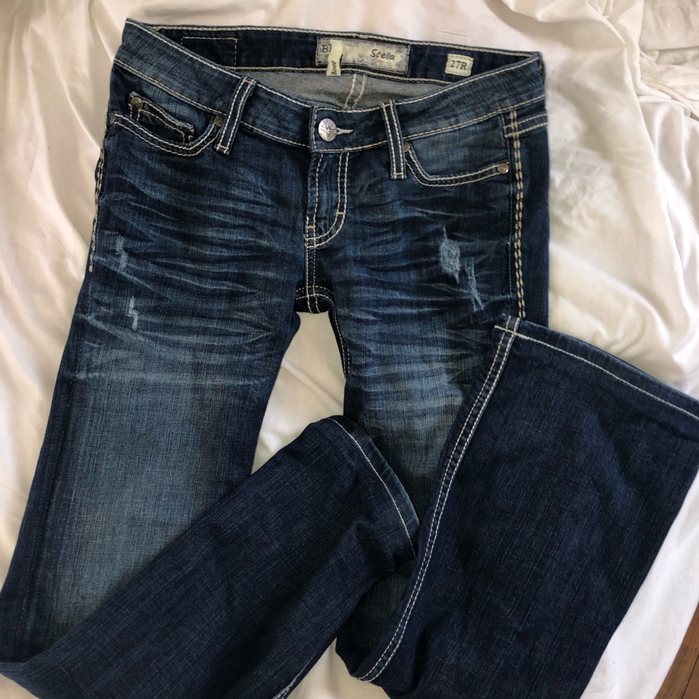 BKE bootcut dark wash jeans with white stitching